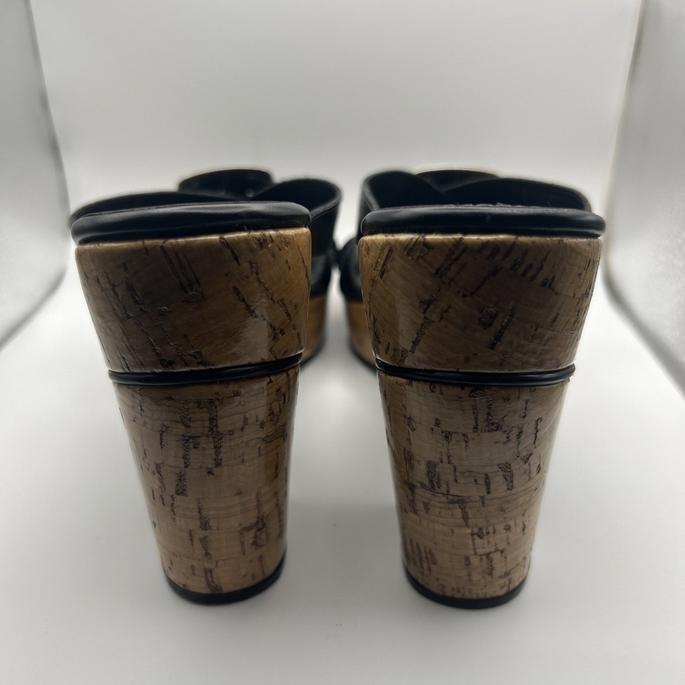 Brighton Black Leather Cork Wedge Sandals Silver Buckle Heels Size 8.5M Brazil - Picture 2 of 8